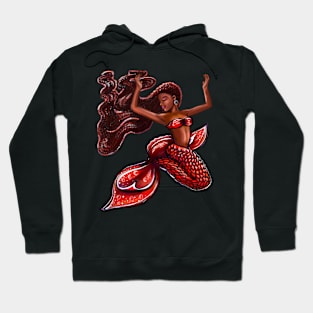 Mermaid with red fins, red locs Afro hair and brown skin. African American Mermaids Hoodie